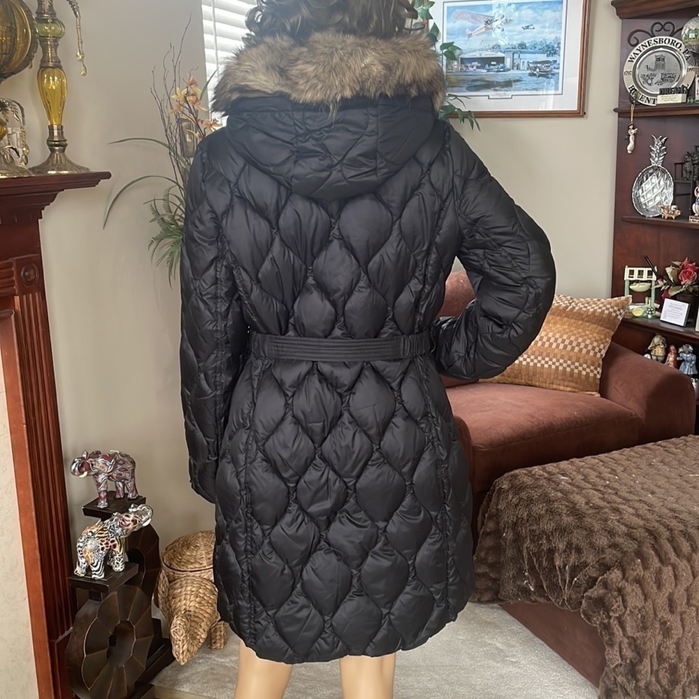 Brand New Michael Kors Black Down Alternative Zippered Faux Fur Hooded Belt Coat - Picture 11 of 16